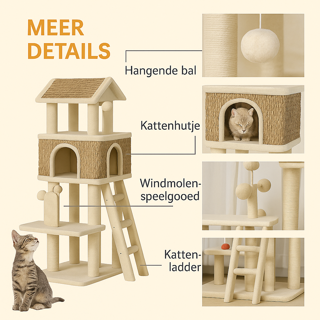 Krabpaal Katten - Krabplank - Luxe Kattenboom met Mand en Grot - 130 x 69 cm - Speelgoedballen - Beige