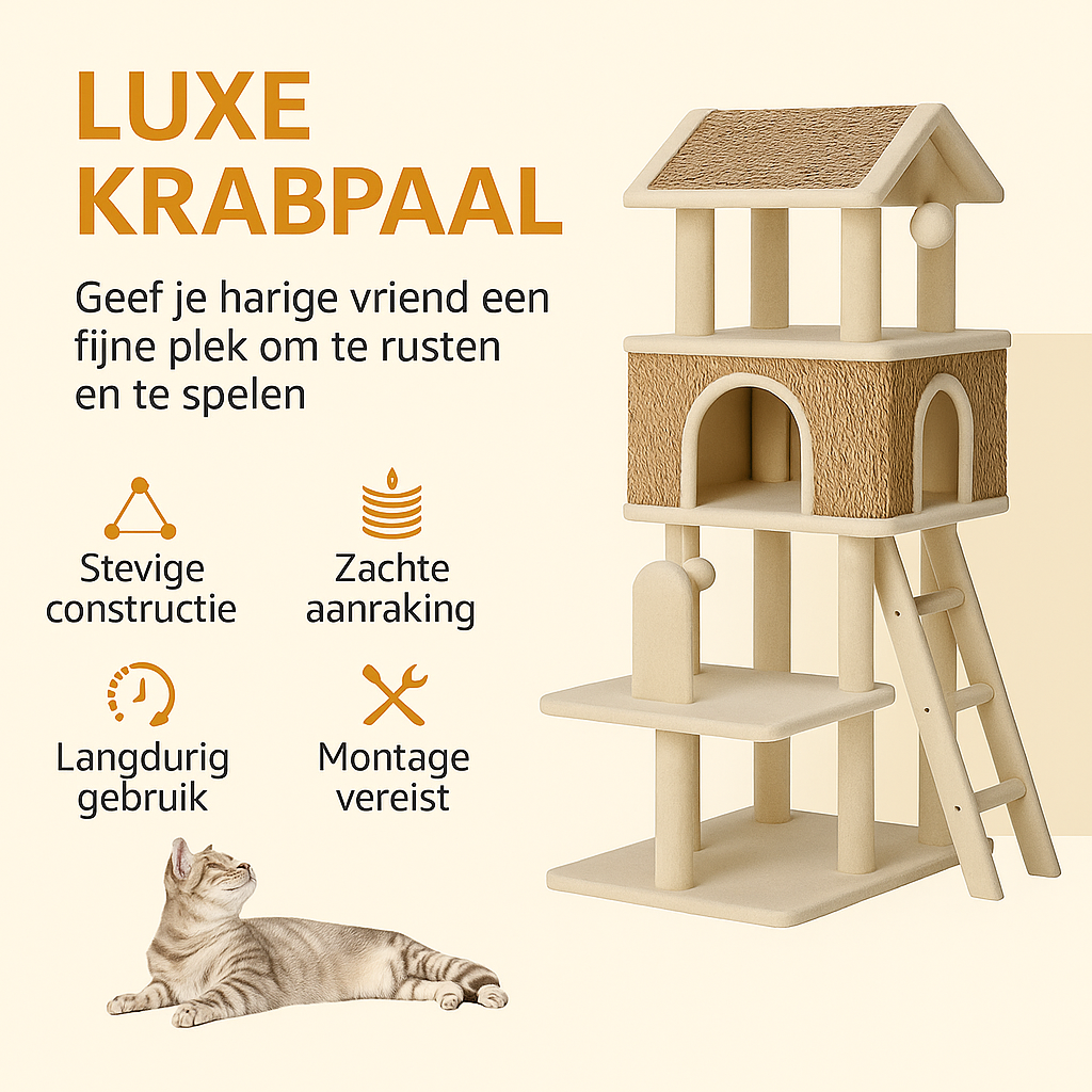 Krabpaal Katten - Krabplank - Luxe Kattenboom met Mand en Grot - 130 x 69 cm - Speelgoedballen - Beige