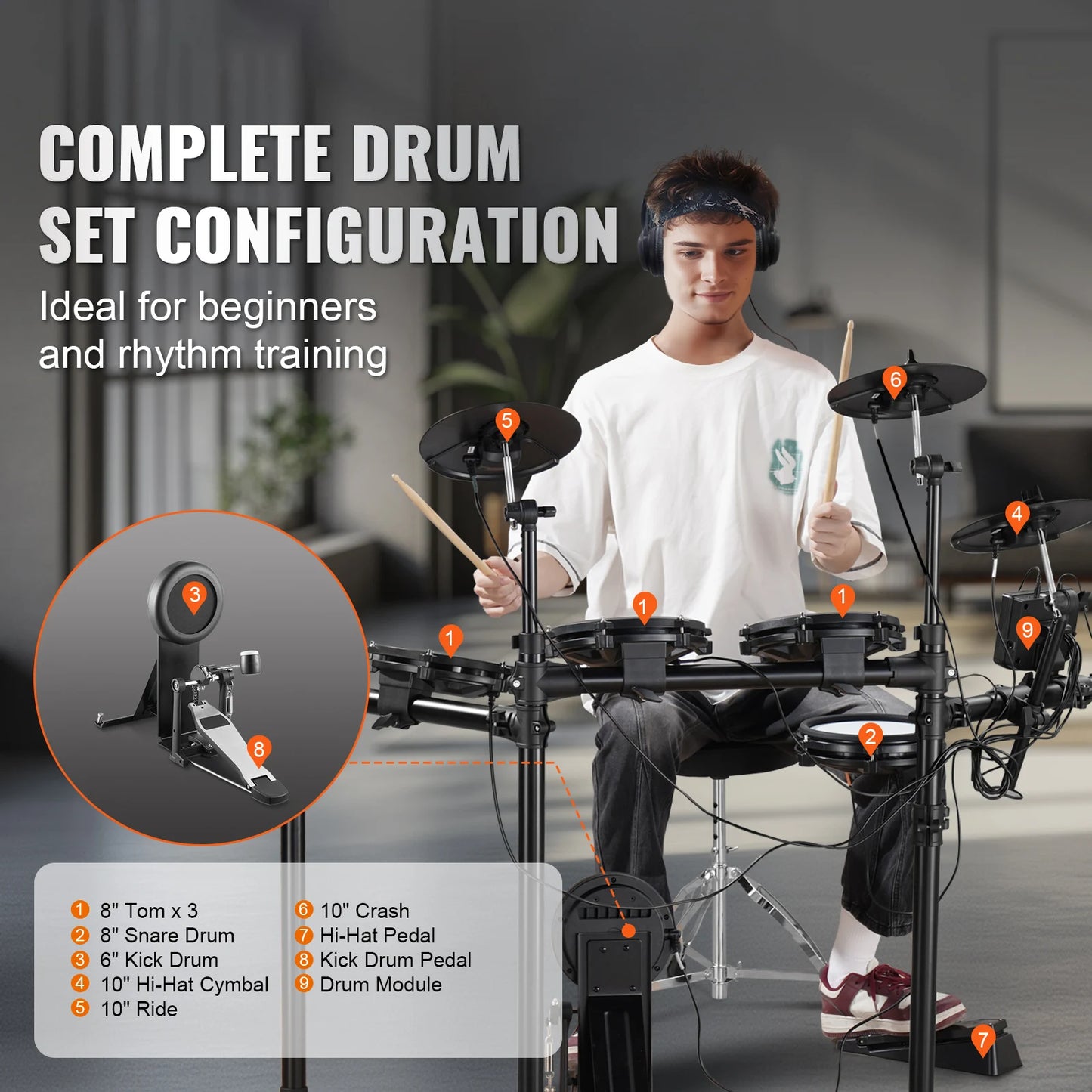 Sensova - Elektrisch Drumstel - 32 Drumkits en 480 Geluiden -  Professioneel Stil Mesh Pads 8/10 Inch - USB MIDI Ondersteuning