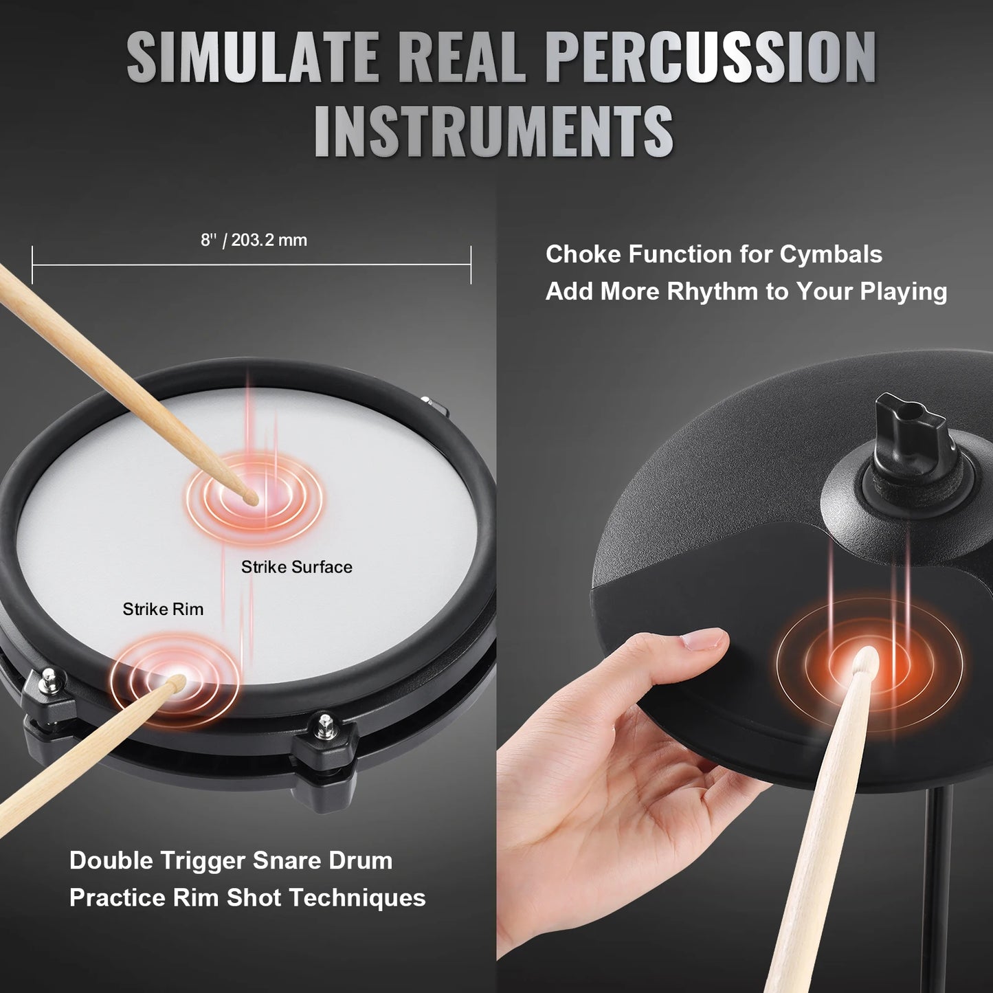 Sensova - Elektrisch Drumstel - 32 Drumkits en 480 Geluiden -  Professioneel Stil Mesh Pads 8/10 Inch - USB MIDI Ondersteuning