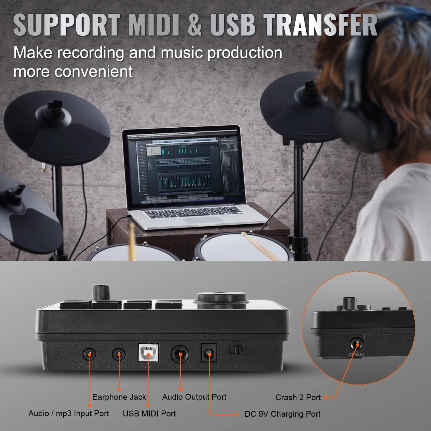 Sensova - Elektrisch Drumstel - 32 Drumkits en 480 Geluiden -  Professioneel Stil Mesh Pads 8/10 Inch - USB MIDI Ondersteuning