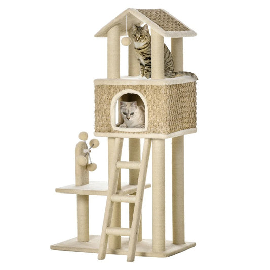 Krabpaal Katten - Krabplank - Luxe Kattenboom met Mand en Grot - 130 x 69 cm - Speelgoedballen - Beige