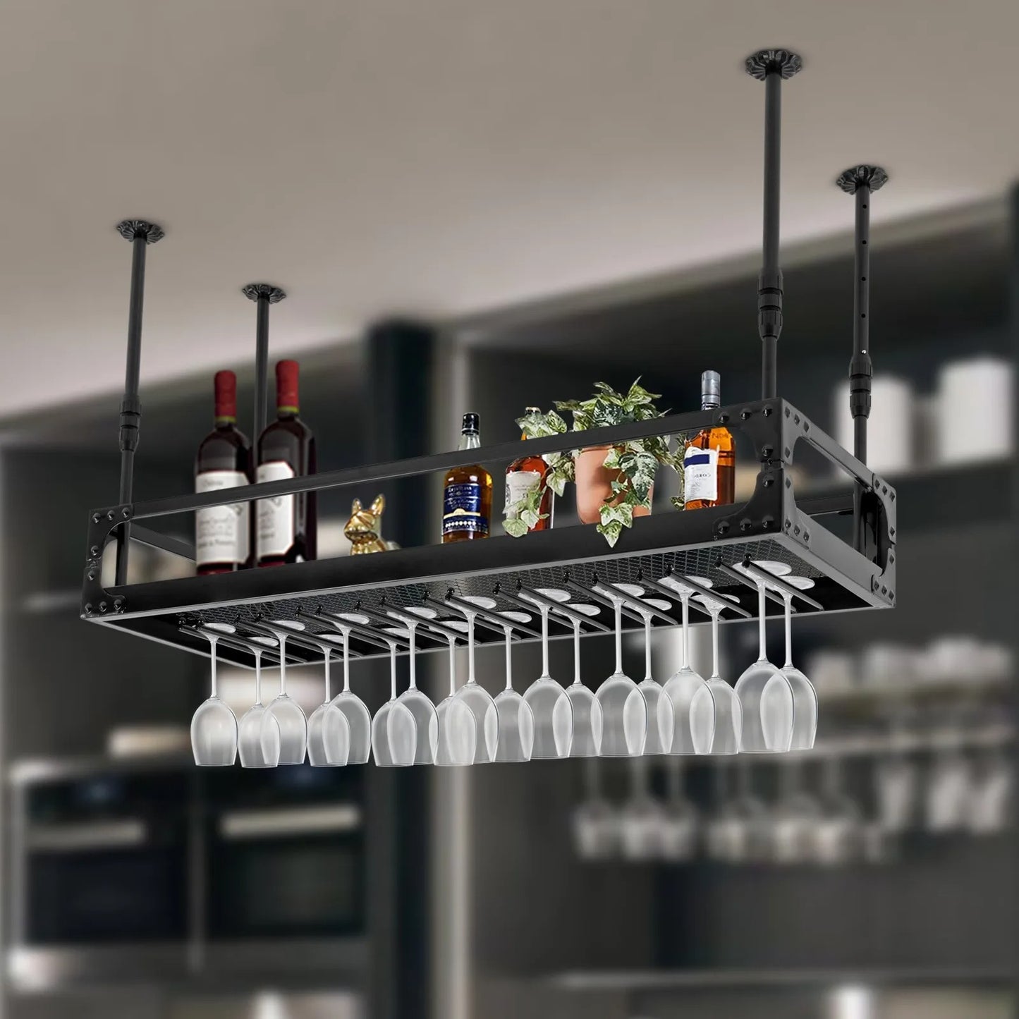 Sensova - Hangend Wijnrek Industrieel Zwart met Glashouder - Plafondmontage 100x35x35-55 cm