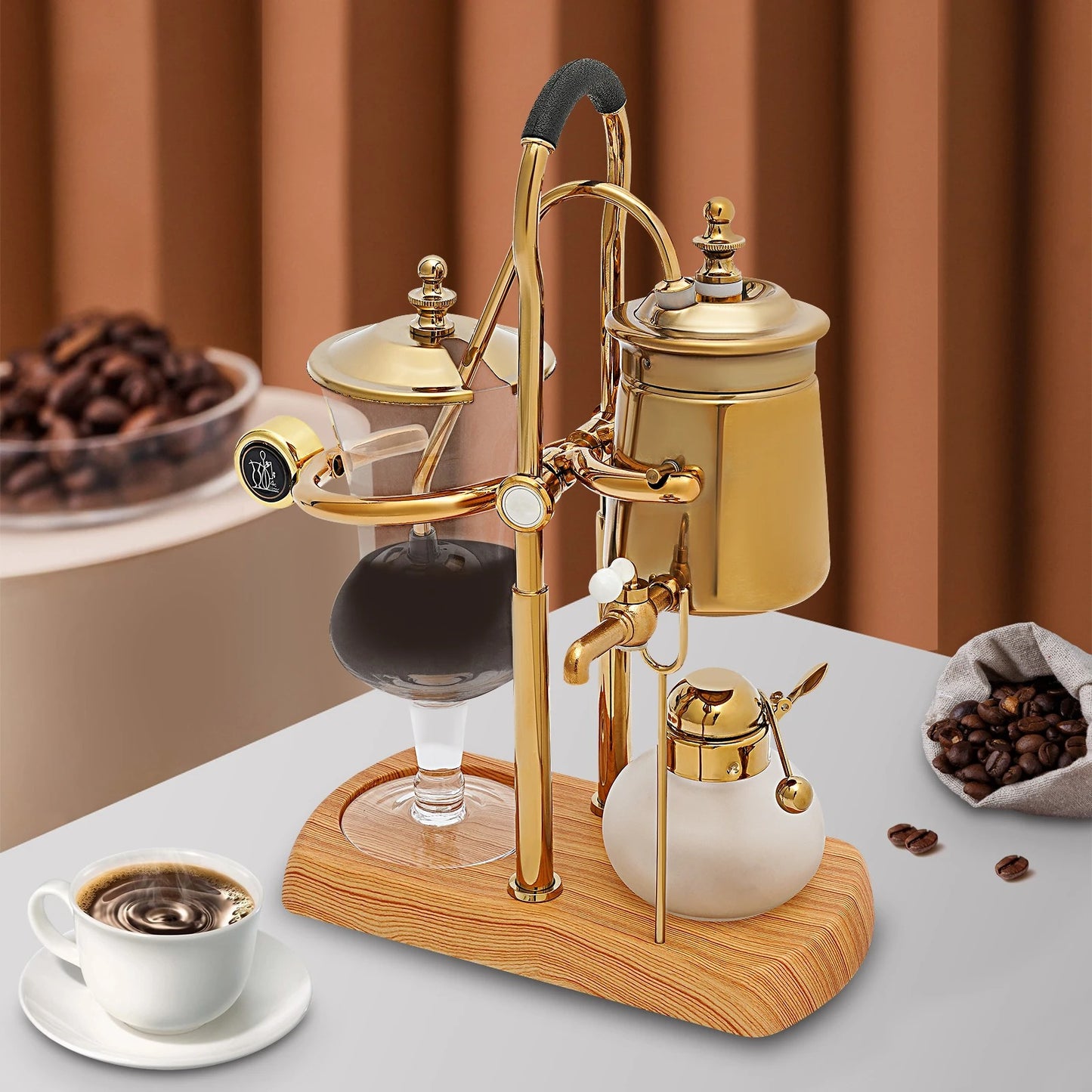 Sensova Premium - Sifon Koffiezetapparaat - 400 ml Vacuüm Brouwer - Borosilicaatglas met RVS en Houten Basis
