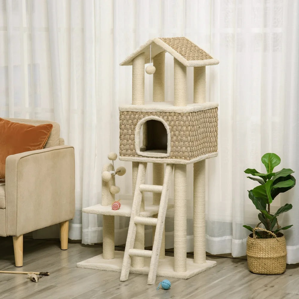 Krabpaal Katten - Krabplank - Luxe Kattenboom met Mand en Grot - 130 x 69 cm - Speelgoedballen - Beige