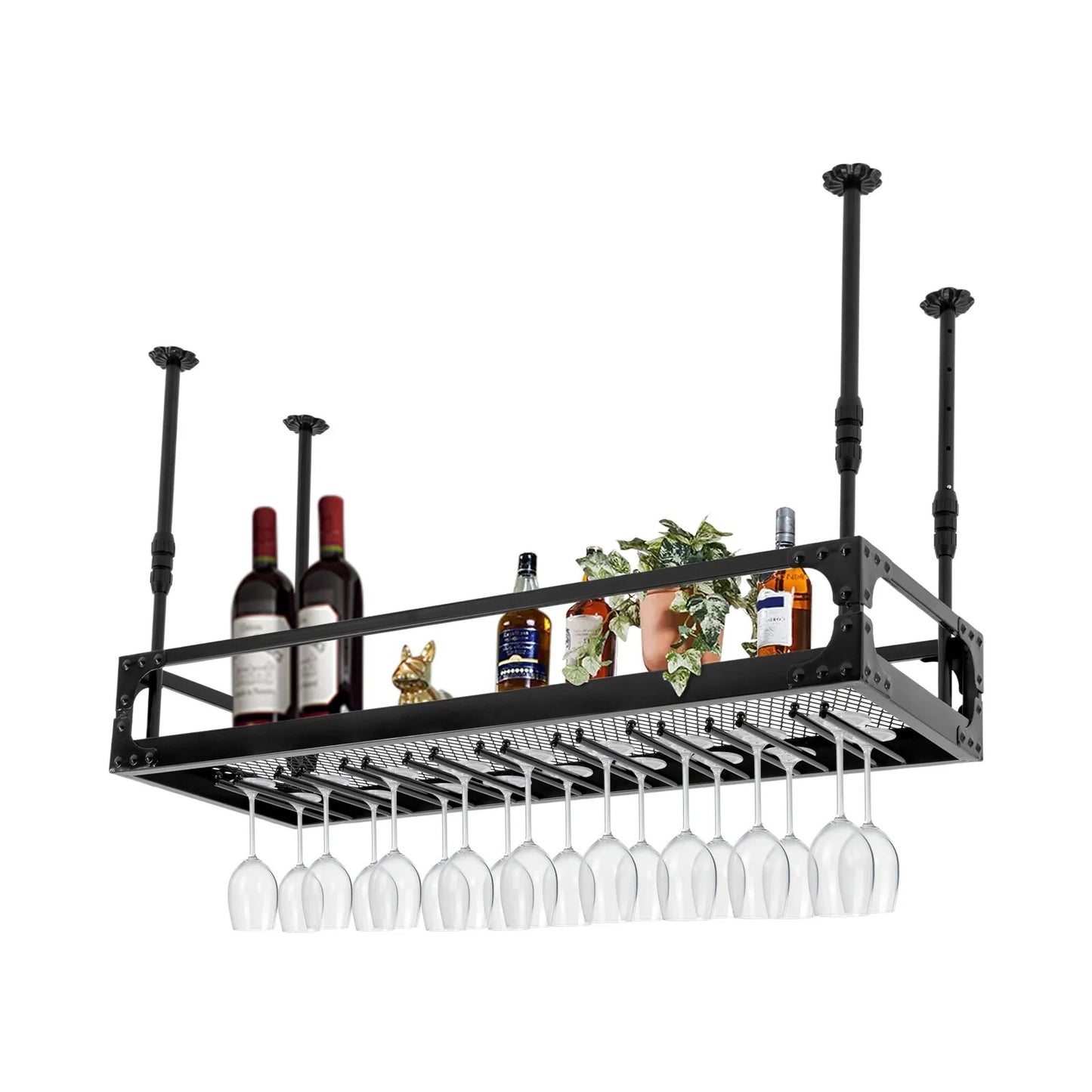 Sensova - Hangend Wijnrek Industrieel Zwart met Glashouder - Plafondmontage 100x35x35-55 cm