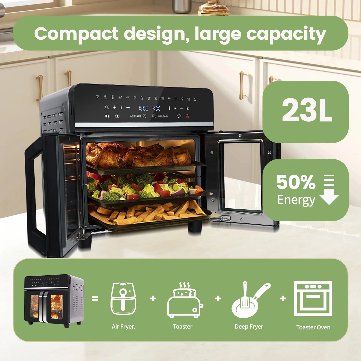 Sensova XXL Airfryer 23L - Heteluchtfriteuse 2200W - Dubbele Zone met 15 Automatische Programma’s en LED Touchscreen