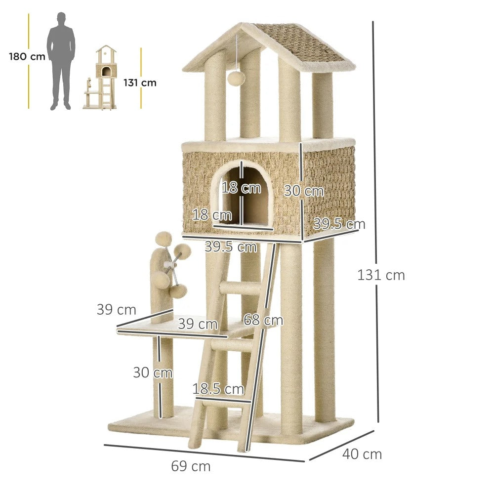 Krabpaal Katten - Krabplank - Luxe Kattenboom met Mand en Grot - 130 x 69 cm - Speelgoedballen - Beige