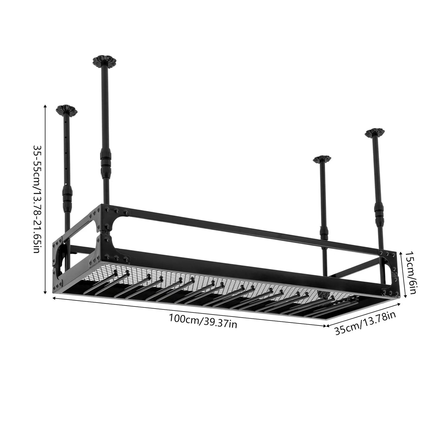 Sensova - Hangend Wijnrek Industrieel Zwart met Glashouder - Plafondmontage 100x35x35-55 cm