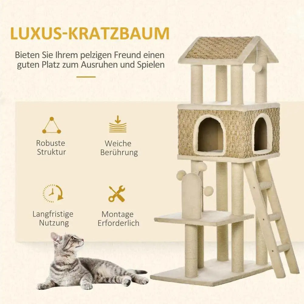 Krabpaal Katten - Krabplank - Luxe Kattenboom met Mand en Grot - 130 x 69 cm - Speelgoedballen - Beige