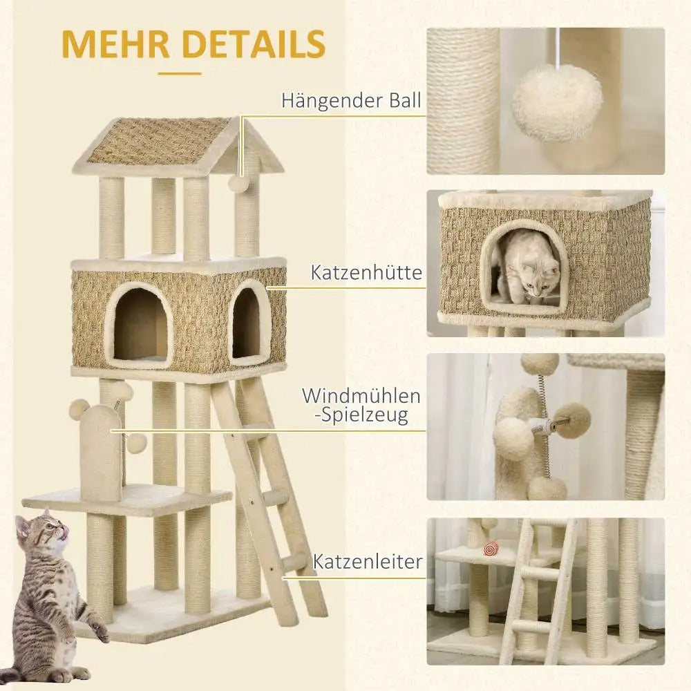 Krabpaal Katten - Krabplank - Luxe Kattenboom met Mand en Grot - 130 x 69 cm - Speelgoedballen - Beige
