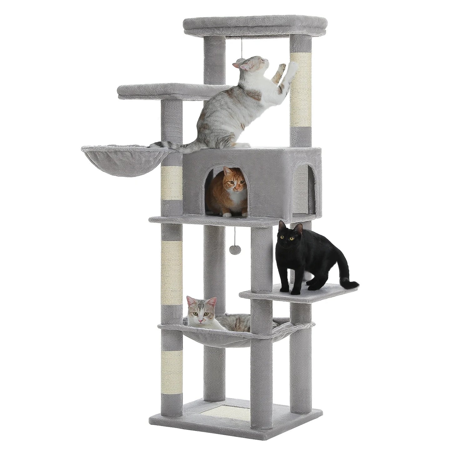 Krabpaal XXL - Kattenboom met 5 Verdiepingen - Grote Krabpaal met Hangmat en Sisal - 186 cm - Grijs