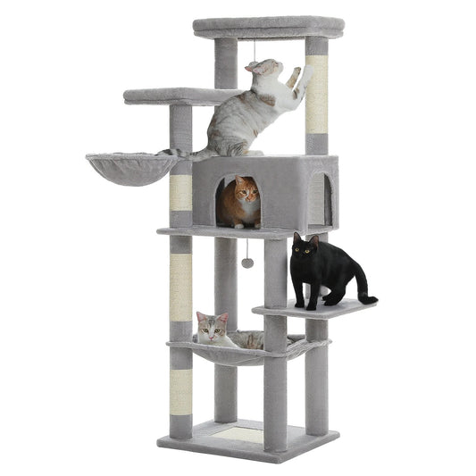 Krabpaal XXL - Kattenboom met 5 Verdiepingen - Grote Krabpaal met Hangmat en Sisal - 186 cm - Grijs